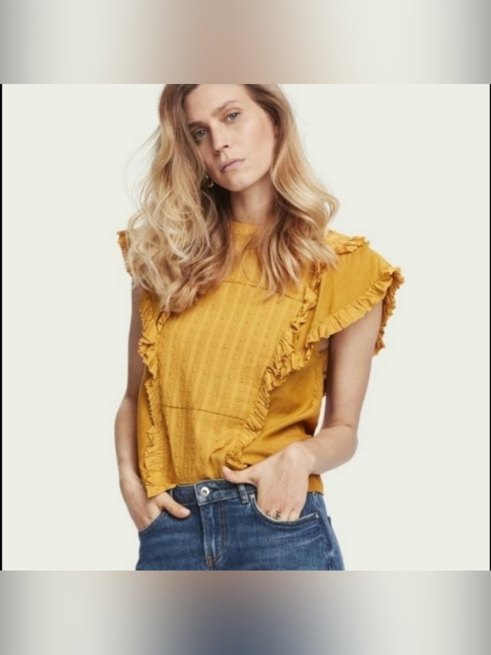 Scotch & Soda Mustard Cotton Silk Ruffle Blouse